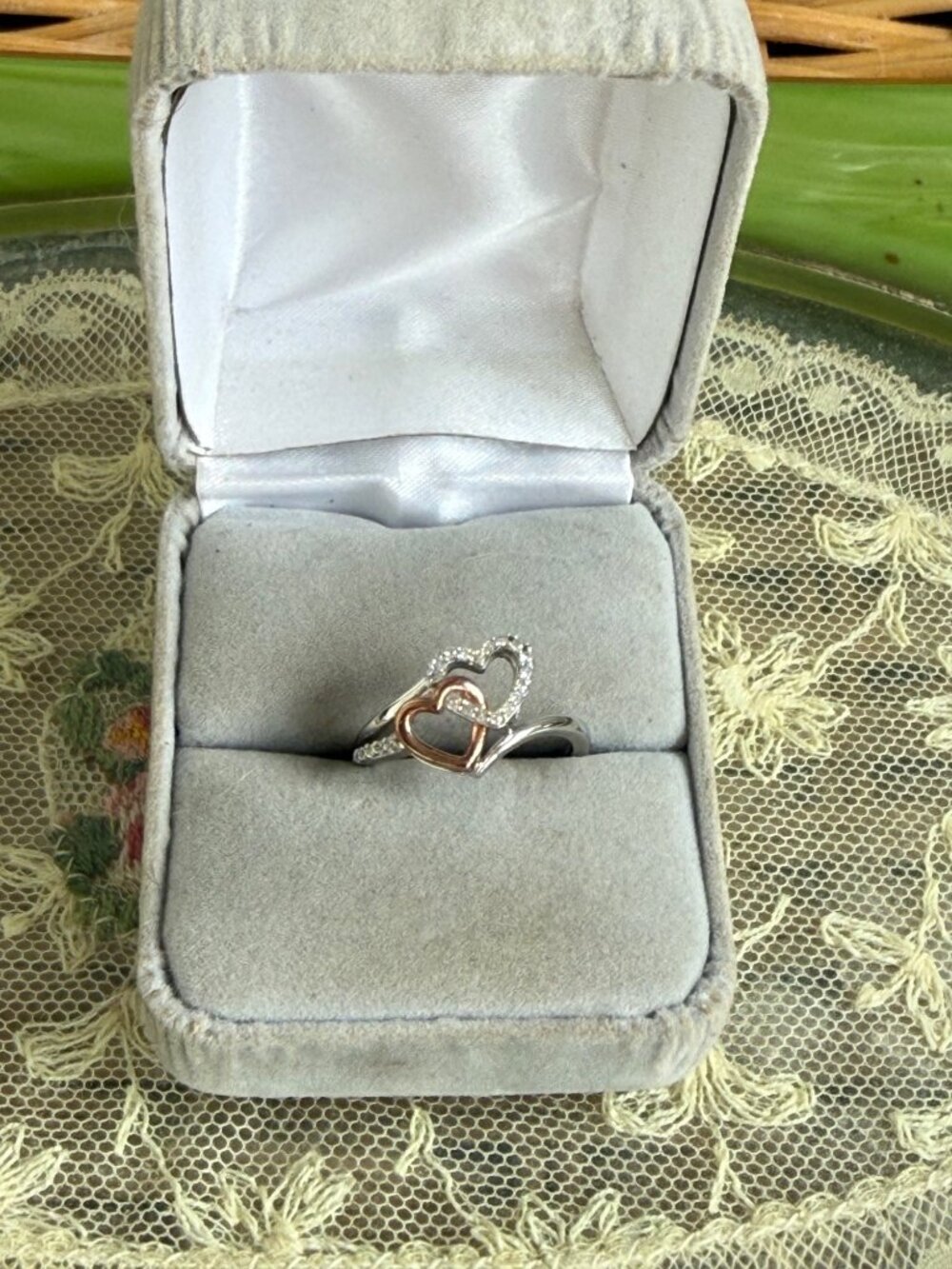Vintage 90s Sterling 925 Double Heart Infinity Ring Diamonds Rose Gold Size 6